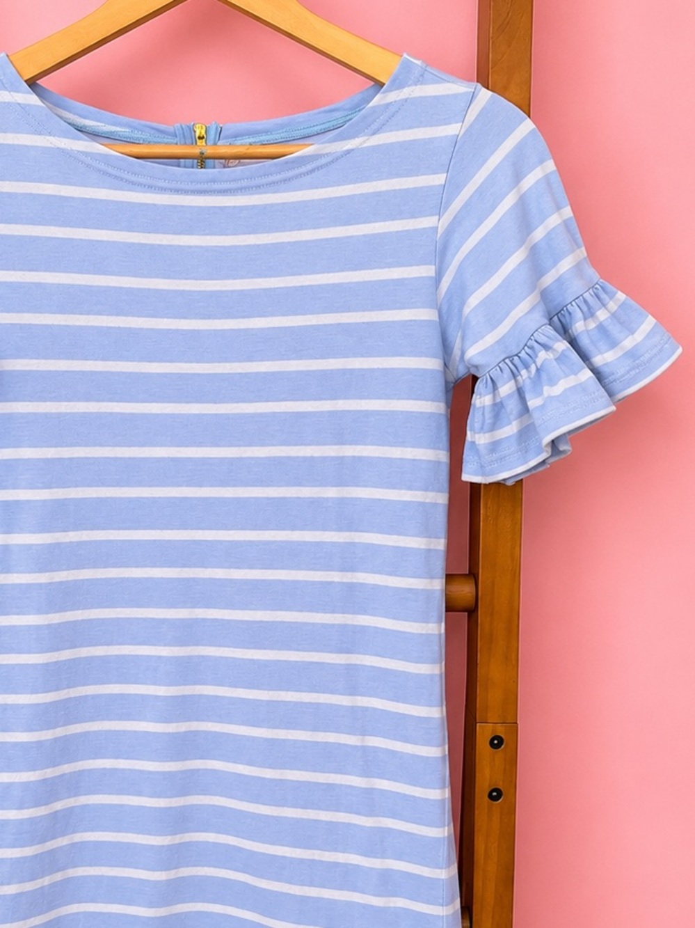 Sail to Sable Blue White Stripe Ruffle Sleeve Knit Shift Dress XS